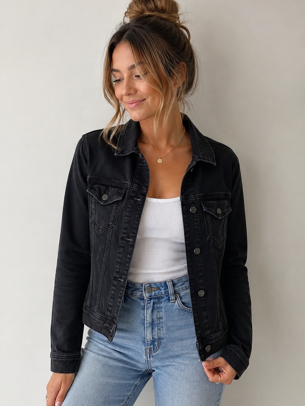 Hollister Black Stretch Denim Trucker Jacket - Large